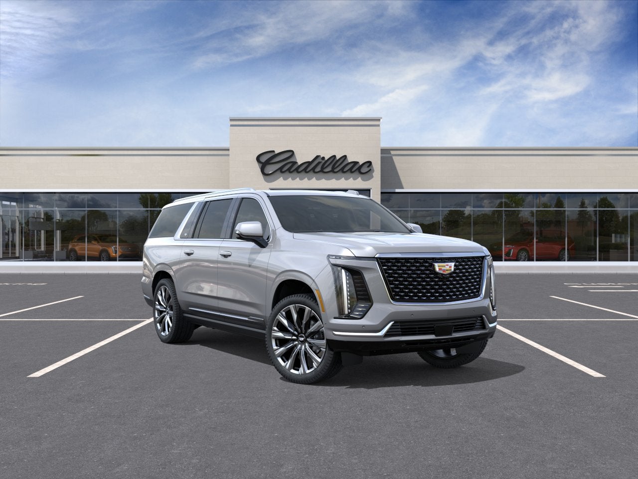 2026 Cadillac Escalade ESV Luxury in Argent Silver Metallic — front three-quarter view